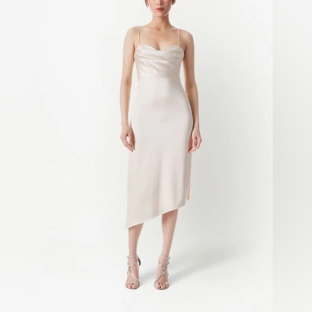 Alice + Olivia Kiyoko Cowl Neck Champagne Beige Asymmetric Midi Dress